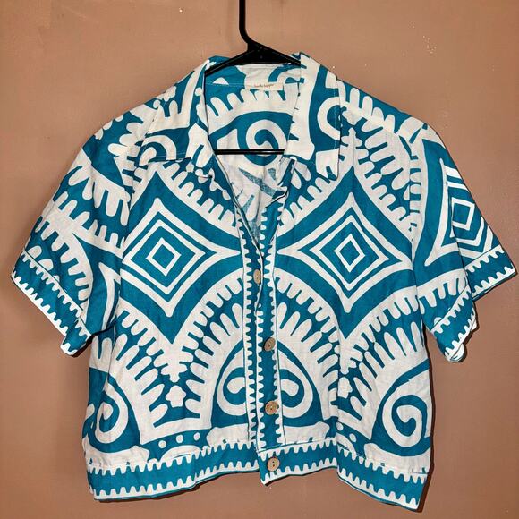 Haute Hippie Women's Short Sleeve Button Down Graphic Polo Tee - Size Medium - Picture 1 of 10